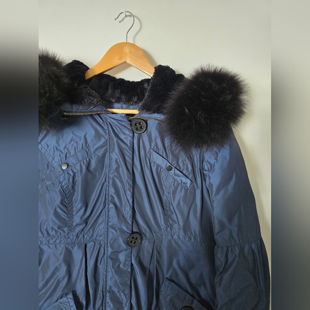1 Madison Luxe Large Blue Iridescent Coat Fox Fur Lined Hood (Fur Removable.) - Picture 12 of 13